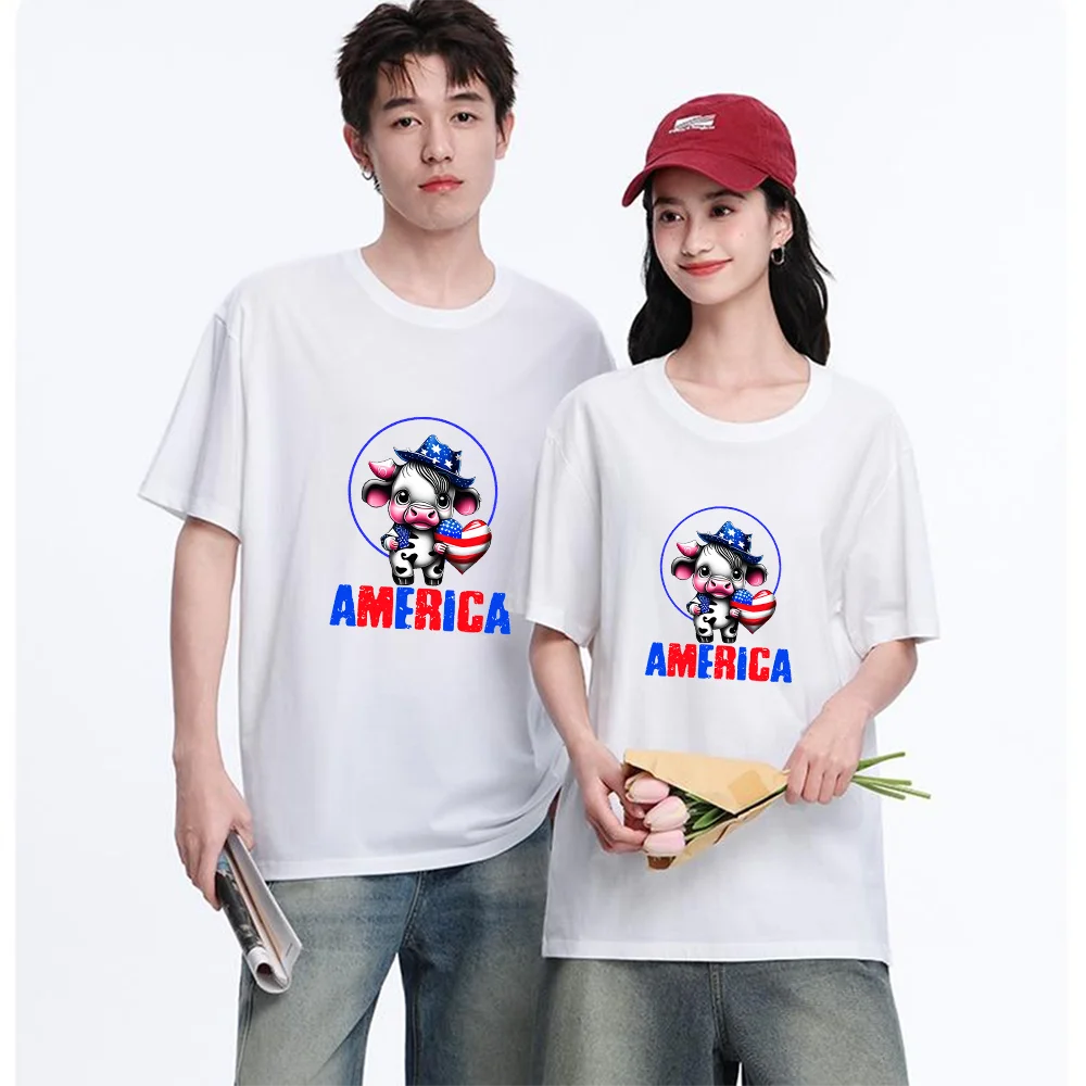 Cute American Cow Print With USA Flag Heart Printed T Shirt Cotton S-XXL Personalized Custom T Shirt Casual Short Sleeve Tee Aes