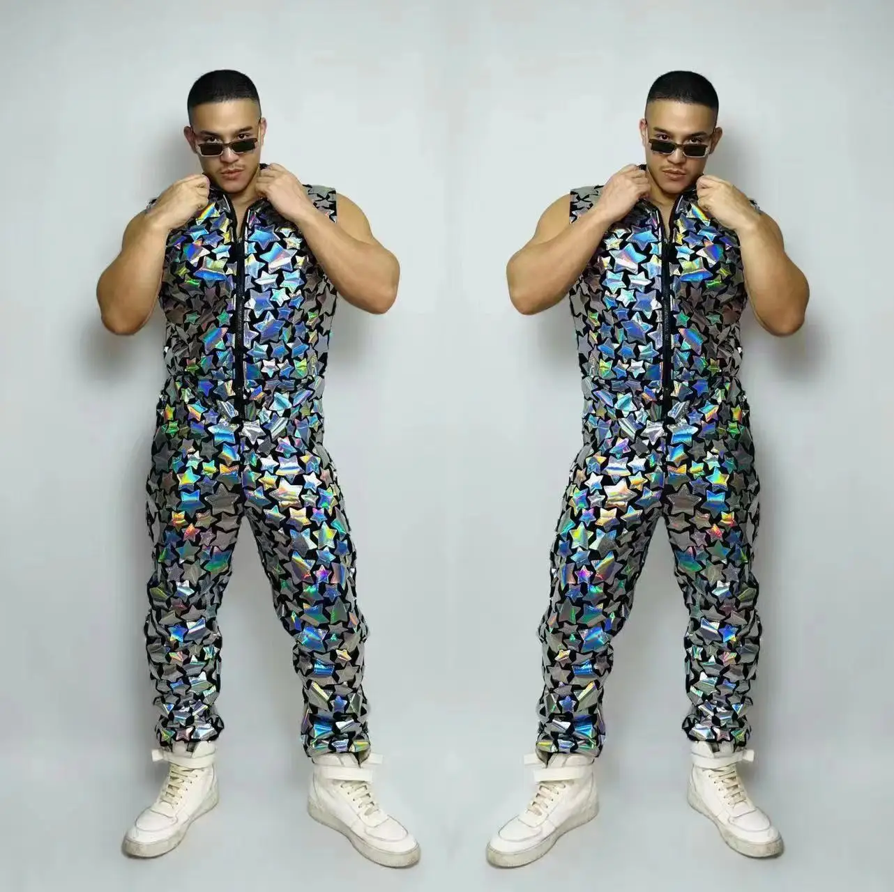 

Men's Silver Laser Jumpsuit Party Theme Hip hop Gogo Dance Wear Nightclub Bar Mirror One-Piece Tooling Costumes