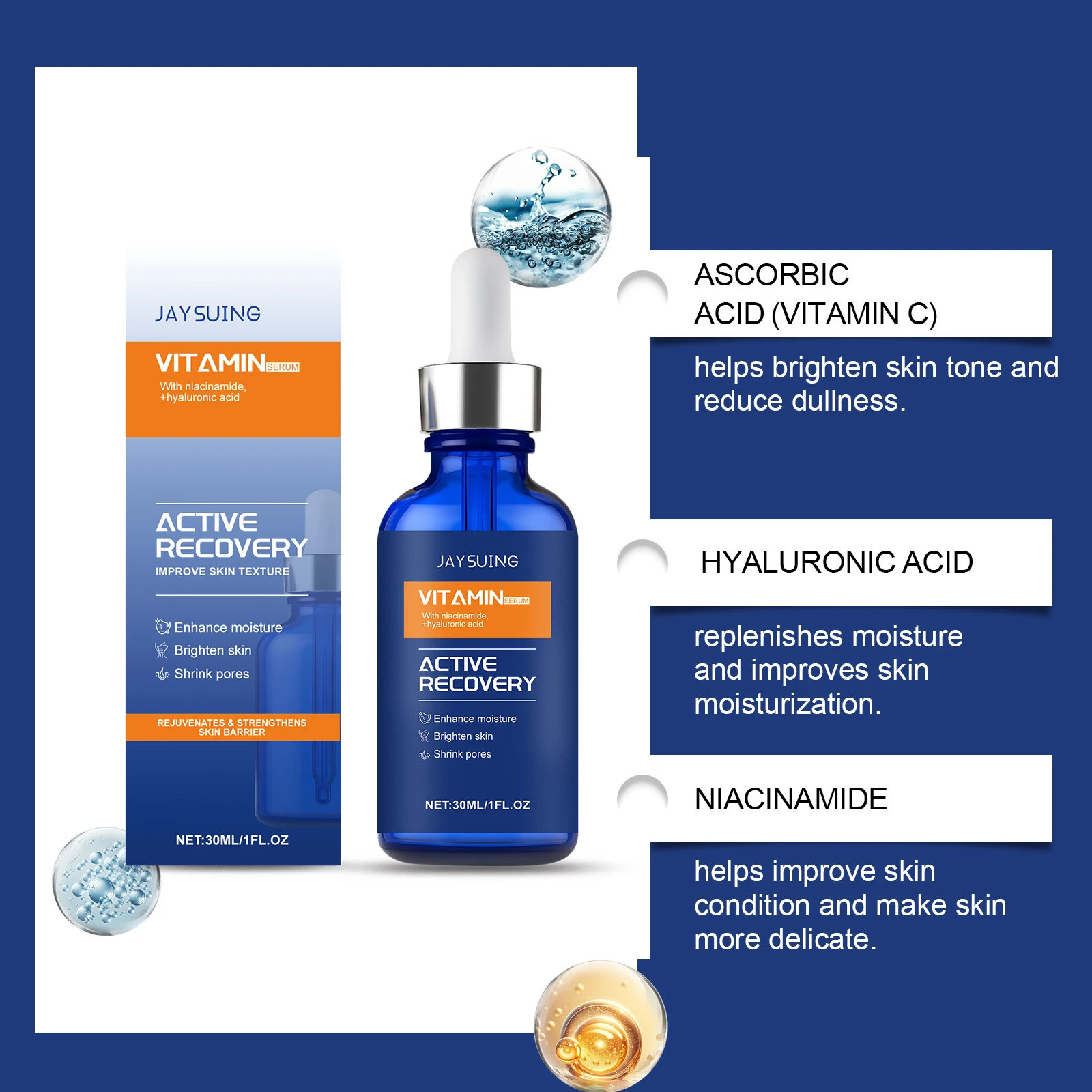 Soro facial de vitamina C com ácido hialurônico Nicotinamida iluminando manchas escuras embotamento hidratar encolher poros anti envelhecimento cuidad