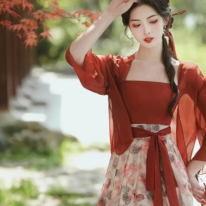 Oversized Women's Summer Dress Set Girls Qipao Suit New Chinese Style Cardigan Hanfu Han Element Sling Dress Red Daily Dress Set