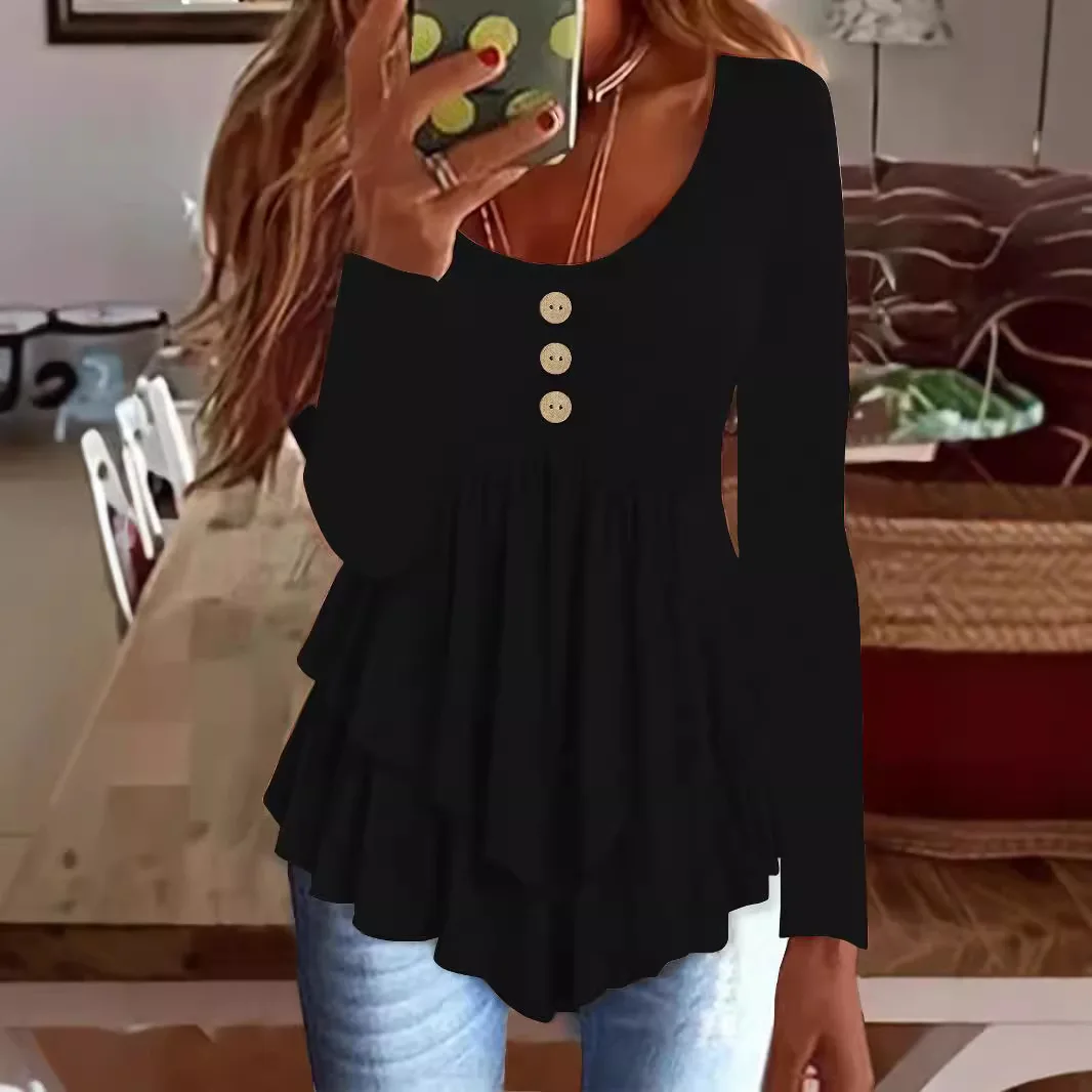 

2025 New European and American Women's Clothing Fashion Three-button Casual Solid Color Long-sleeved Dress Top