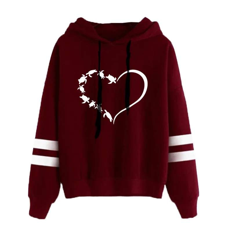 ハートタートルプリントかわいいスウェット秋暖かいトップスファッションパーカー女性のための高品質フード付き長袖プルオーバー