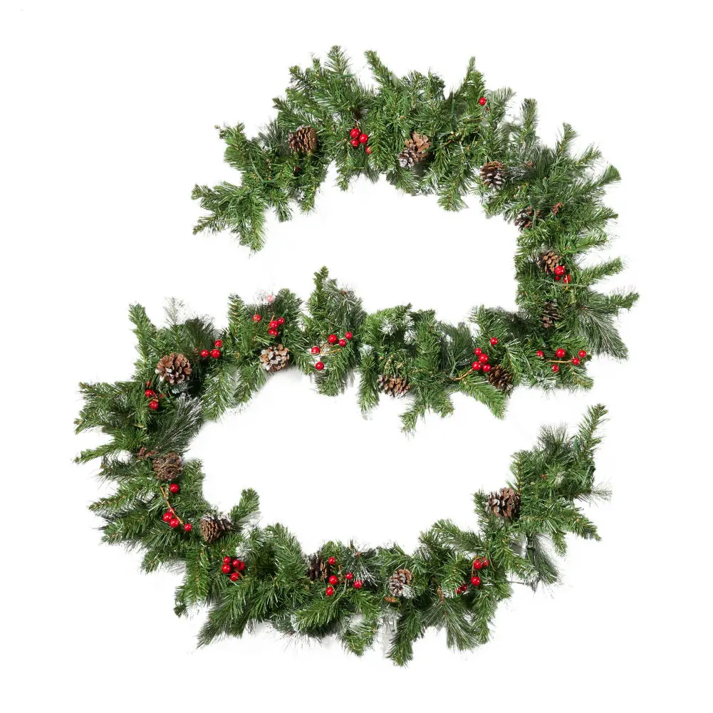 2 Pack Pre-lit 9FT Christmas Garland With 15 Red Berries And Pine Cones 50 Warm White LED Lights, 180 Tips, Artificial Pine