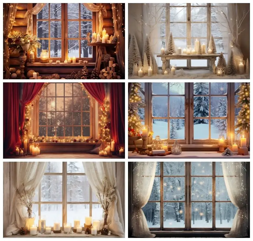 Laeacco Christmas Window Backdrop Winter Snow Scene Xmas Tree Red Curtain Gifts Kids Birthday Portrait Photography Background