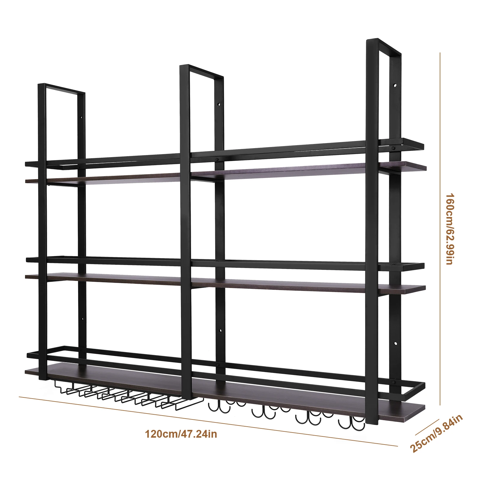 

Wine Bottles Display Shelf with Hanging Glass Holder Wall Mounted Wine Rack 47in Metal Bar Liquor Shelves for Home Dining Room