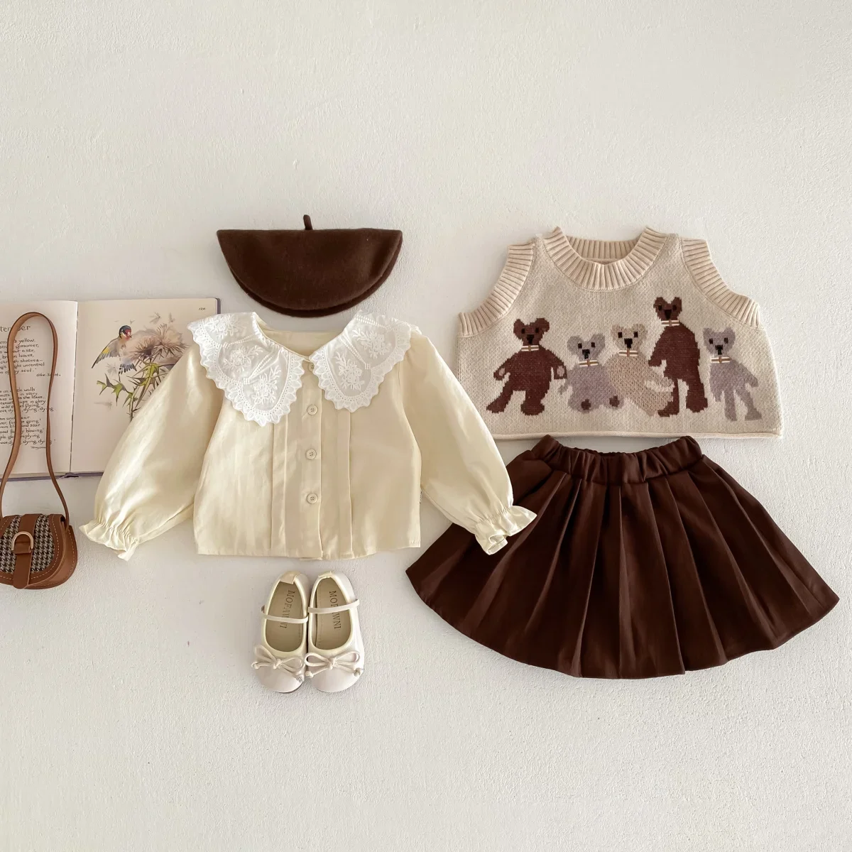 2024 Autumn Kids Baby Girls Academic Style Clothing Set 3pcs - Children Knitted Cartoon Vest+lace Collar Shirts+pleat Skirts