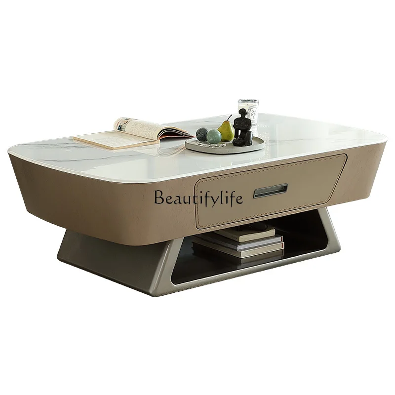 

Minimalist coffee table Modern simple hollow storage design Italian light luxury carbon crystal stone coffee table