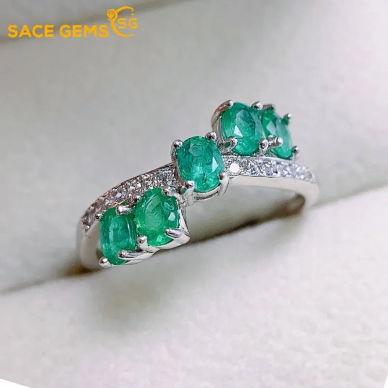 

SACEGEMS New Arrival Trend 925 Sterling Silver Resizable 3*4MM Natual Emerald Rings for Women Engagement Cocktail Party Jewelry
