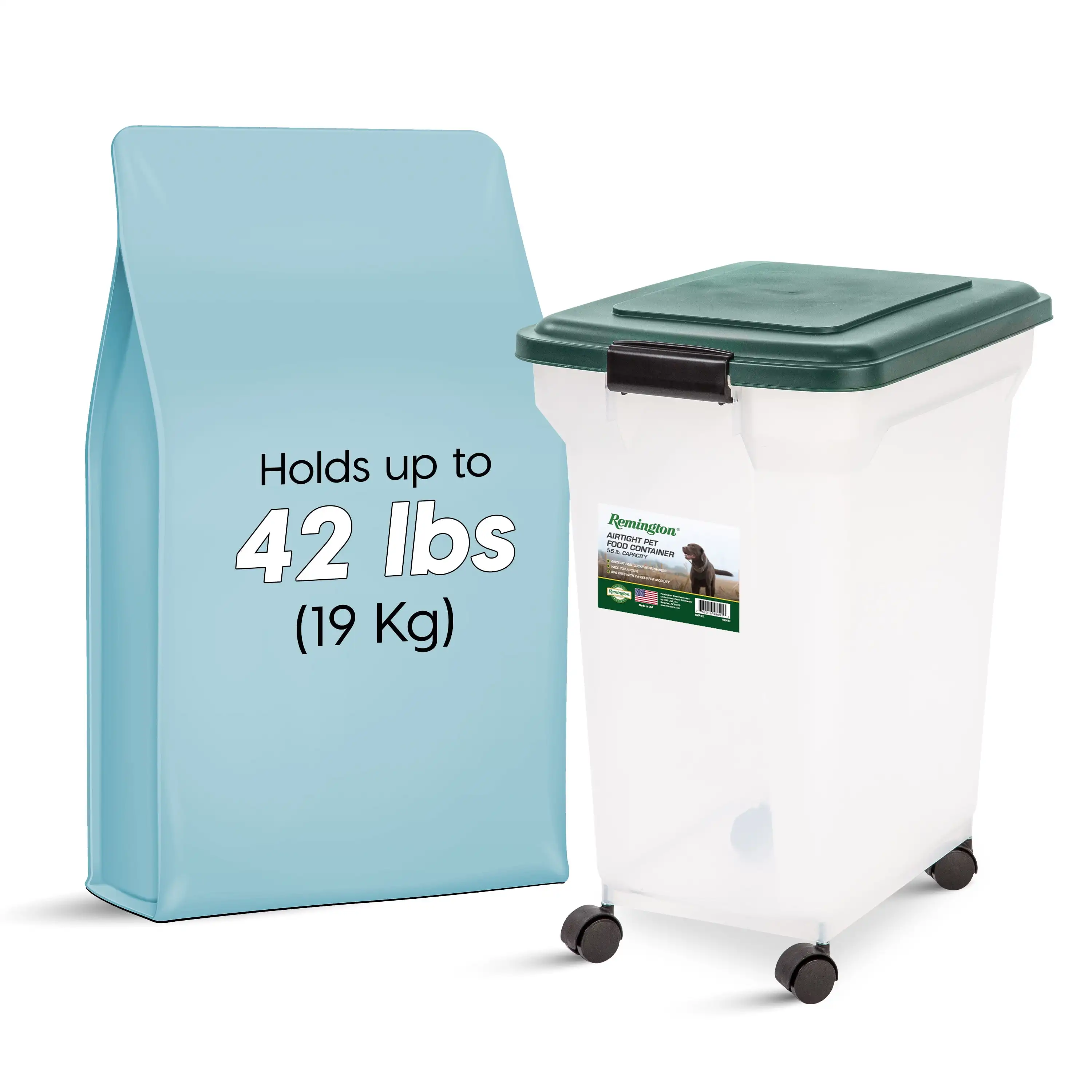 

Remington® 42lb (55 Qt.) Airtight Pet Food Container with Scoop for Dog and Cat Food, Green