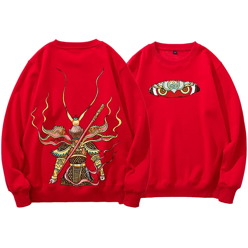 

Chinese New Year Red Monkey King Nearby Clothes Loose round Ne Sweatirt for Men And Women Spring Autumn Winter