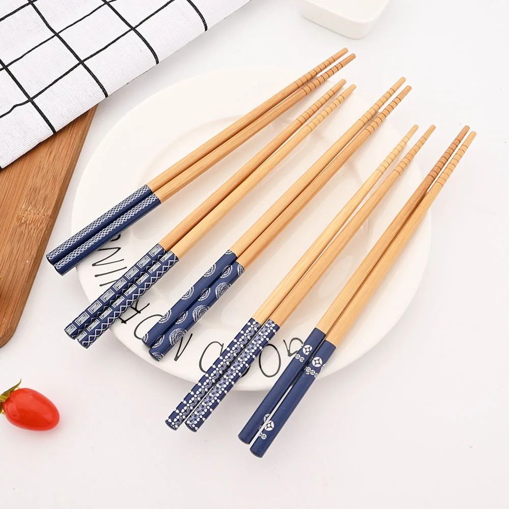 Reusable 5Pairs Tableware Handmade Bamboo Japanese Natural Wood Chopsticks Sushi Food Cat Flower Multi Color Wooden Chop Sticks