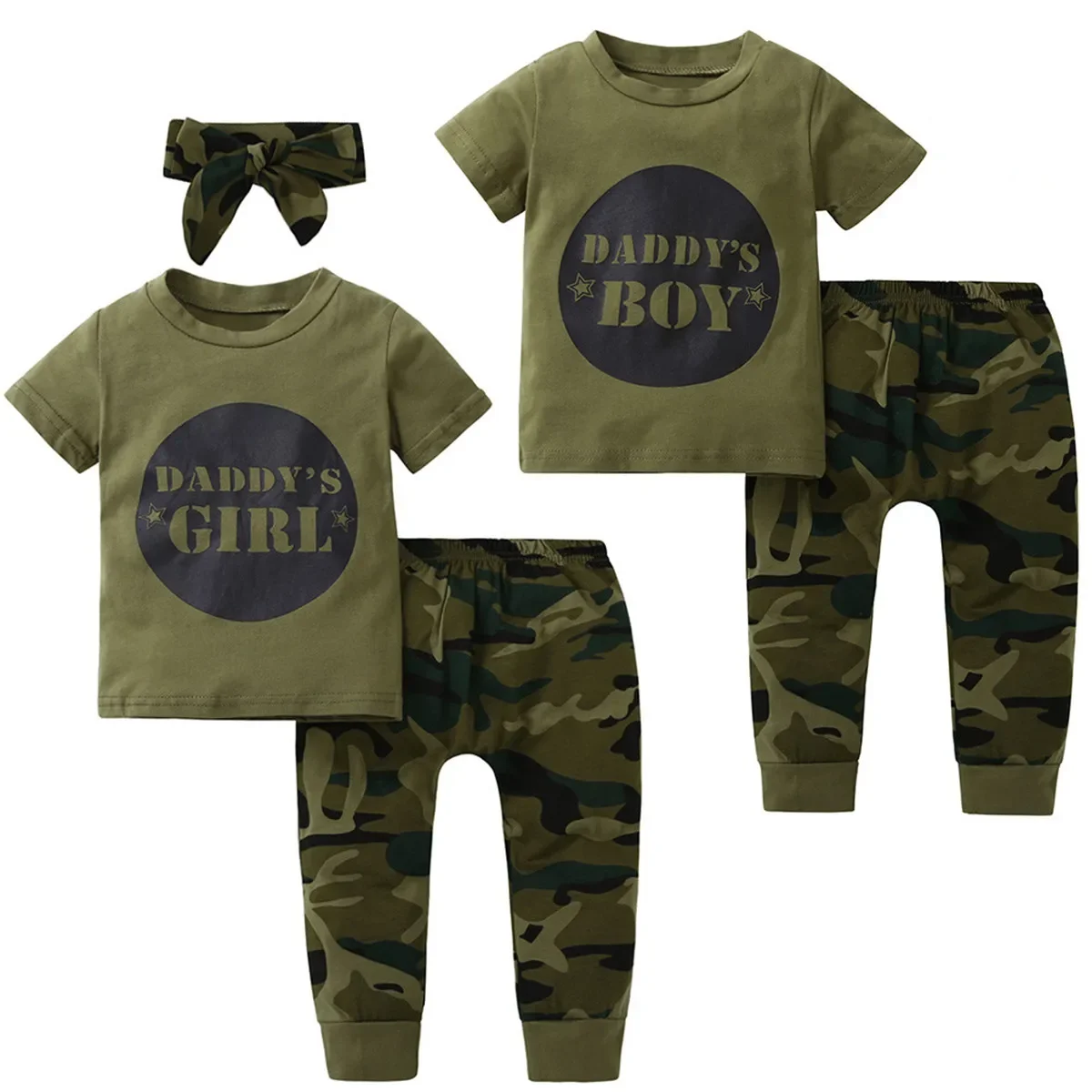 Baby Boy Girl Clothes Short Sleeve Letter Print Army Green T Shirt + Camouflage Pants 2pcs Newborn Infant Clothing Baby Outfits