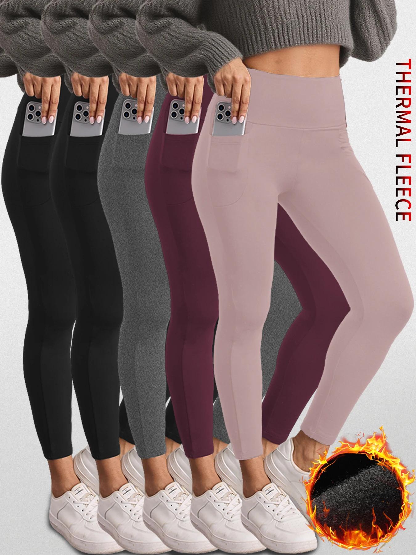 5枚組 レディース サーマルフリース裏地付きレギンス ポケット付き、ハイウエストお腹シェイプ ワークアウト 冬用 暖かい厚手タイツパンツ