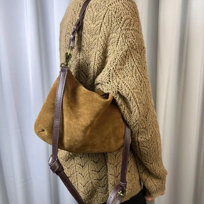 Light Luxury Fashion Frosted Suede Leather Shoulder Bag Retro Fashion High-quality First Layer Cowhide Simple All-in-one Bag New