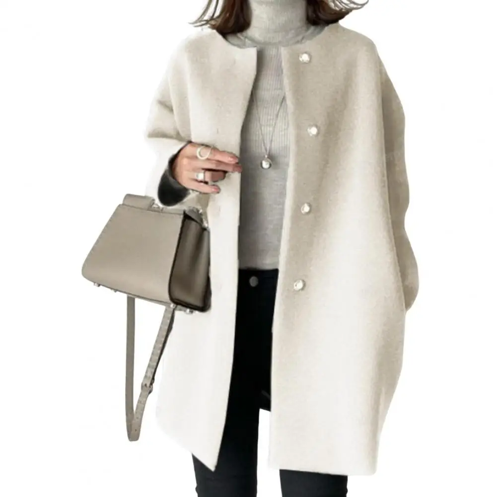 Solid Color Outer Garment Stylish Woolen Coat for Women Button-down Round Neck Jacket Mid Length for Fall for Commuting