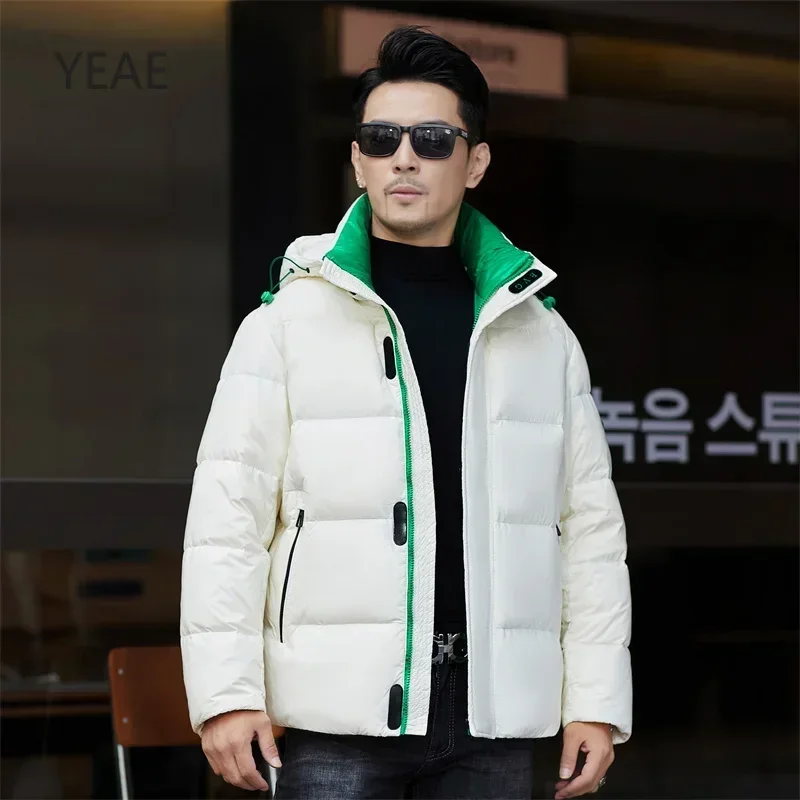 YEAE Colorblock Plaid Short Down Jacket Removable Hat Duck Down Padding Designer Clothes Men 2024 Men's Winter Jacket Male Coat