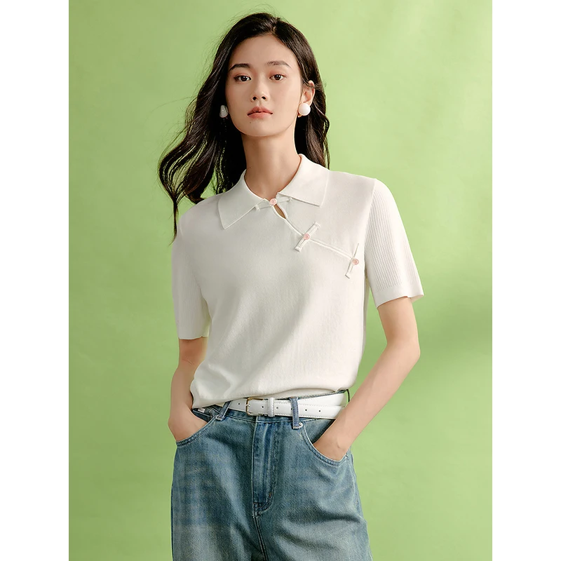 TOYOUTH Women Knitwear 2024 Summer New Chinese Style Pan Button Turn Down Collor Short Sleeve Knitted Tops