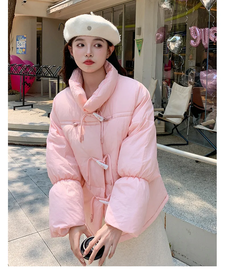Korean Sweet Short Down Cotton Jacket for Women Stand Collar Toggle Button Puffer Parkas Woman Loose Candy Color Padded Jacket