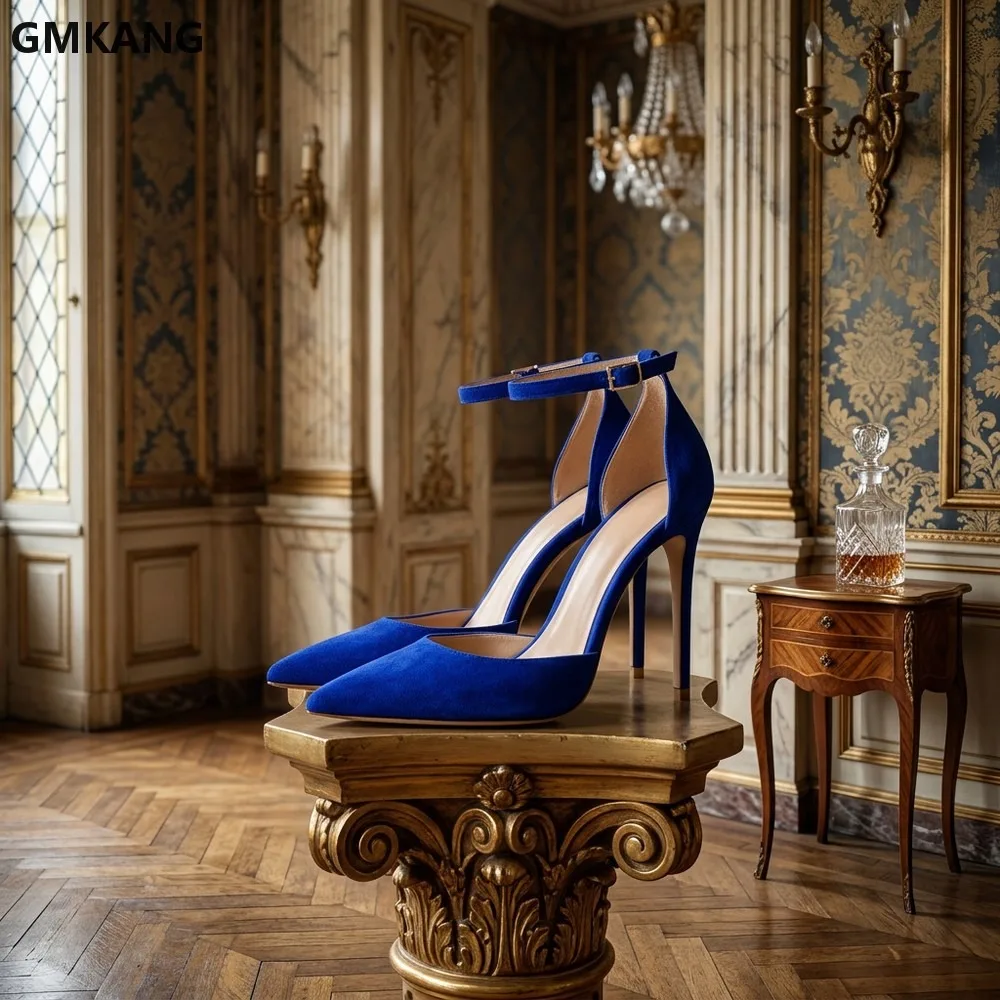 GMKANG Summer Blue Suede Pointed Toe Stiletto High Heel Buckle Sandals Hollow Cutout Closed Toe Dress Shoes for Women Party
