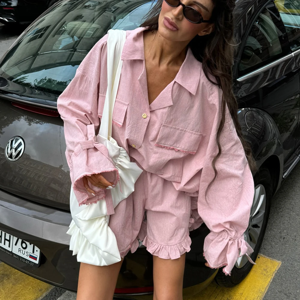 

Tuularose Pink Shorts Set Women Spring Loose Casual Shirt High Waist Pleated Shorts Set 2025 Women Office Lady Street Shorts Set