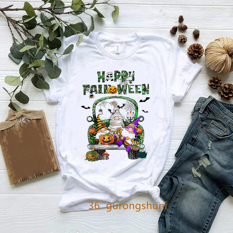 

2022 Fashion Halloween Costume tshirt Funny Gnome Witch Spooky Pumpkin Cartoon Print Women t-shirt Halloween T Shirt Femme tops