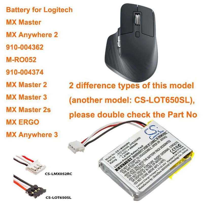 Cameron Sino 450mAh Battery for Logitech M-RO052, MX Anywhere 2, MX Master, MX Master 2, MX Master 2s, MX Master 3,MX Anywhere 3