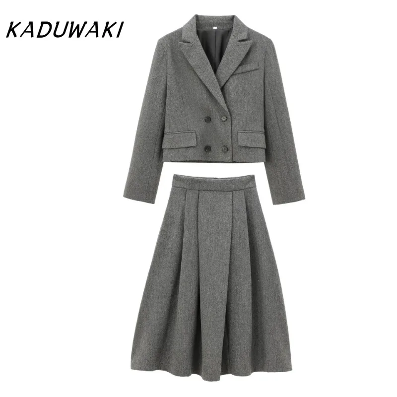 KADUWAKI Fashion Retro Lapel Long-sleeved Short Blazer Casual Wool Blend Twill Blazer Maze Skirts Fall Versatile Sets Платье