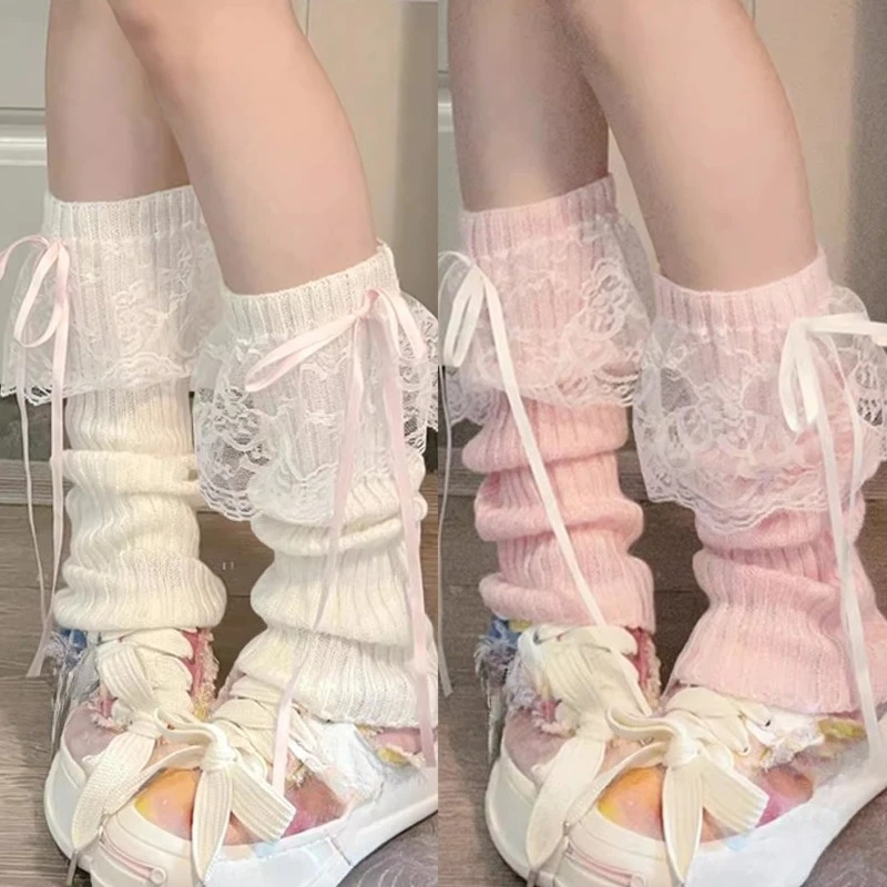 Japanese Y2K Lolita Girls Lace Bow Leg Warmers Women Calf Warmer Knitted Streamer Leg Covers JK Bow Princess Style Slouch Socks