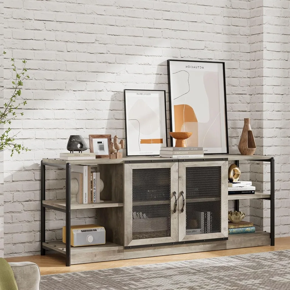 TV Stand for 65/75 inches TVs, Industrial Entertainment Center with Double Mesh Doors and Storage Cabinet, Rustic TV Cabinet