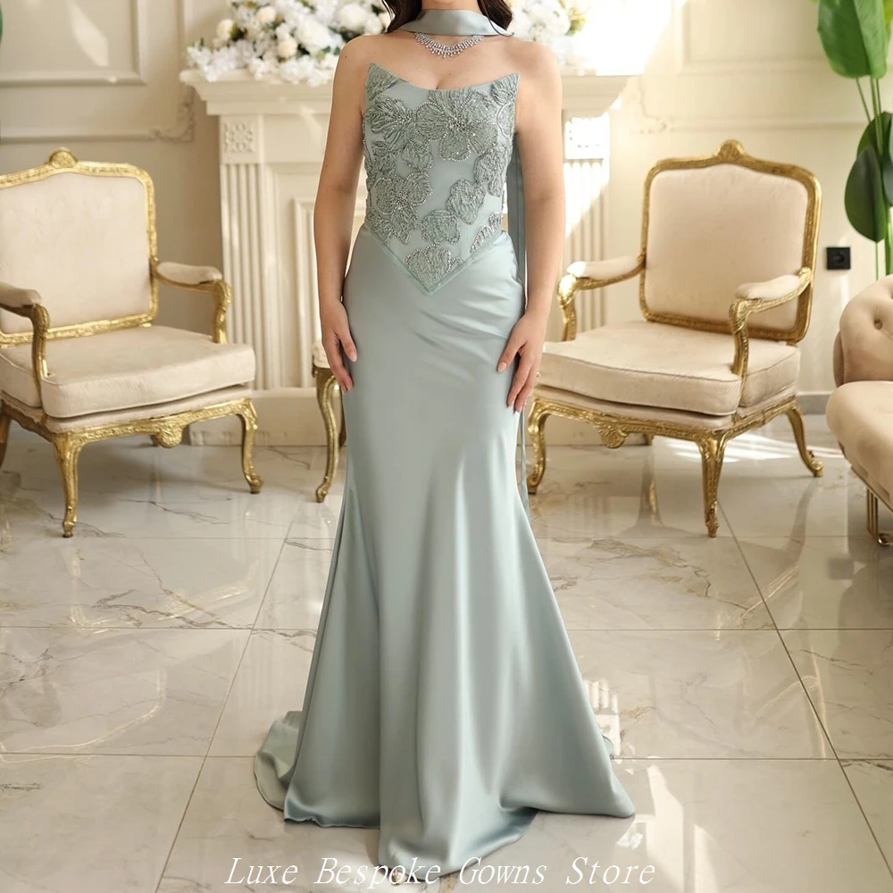 

Women's Mermaid Evening Dresses Floor-length Strapless Sleeveless Prom Dresses Fashion Flowers Beading Stole Customized Gowns