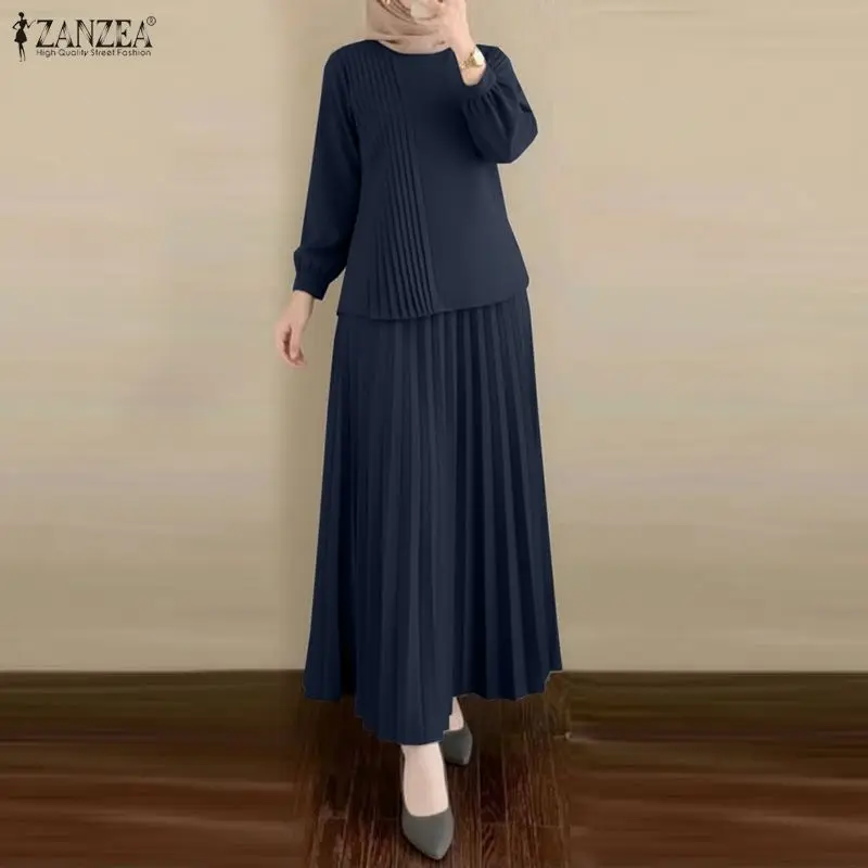 

ZANZEA Fashion Muslim 2 Pieces Sets IsIamic Dubai Hijab Tracksuit 2026 Summer Women Long Sleeve Tops Dress Suit Ramadan Outfits