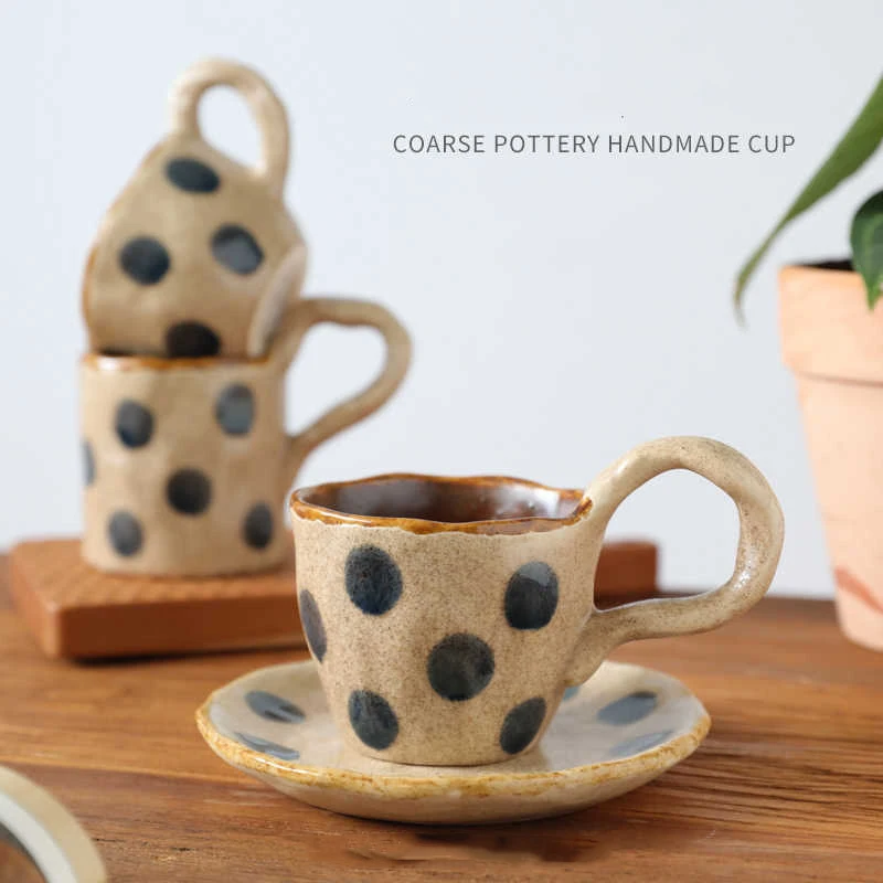 200/250/260ml Rough Pottery Retro Coffee Cup Dish Kiln Transformation Hand Pinching Dot Mug Creative Water Cup Set Japan Style