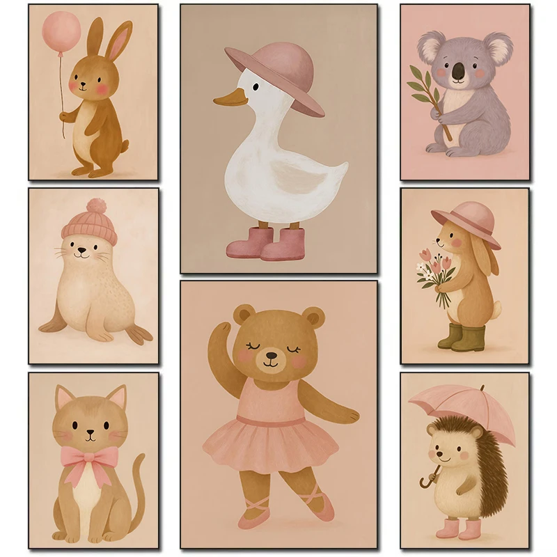 Nordic Art Cute Cartoon Animal Cat Fox Dog Bear Riding Bike Dance Embrace Poster Canvas Painting Children's Room Home Decorat