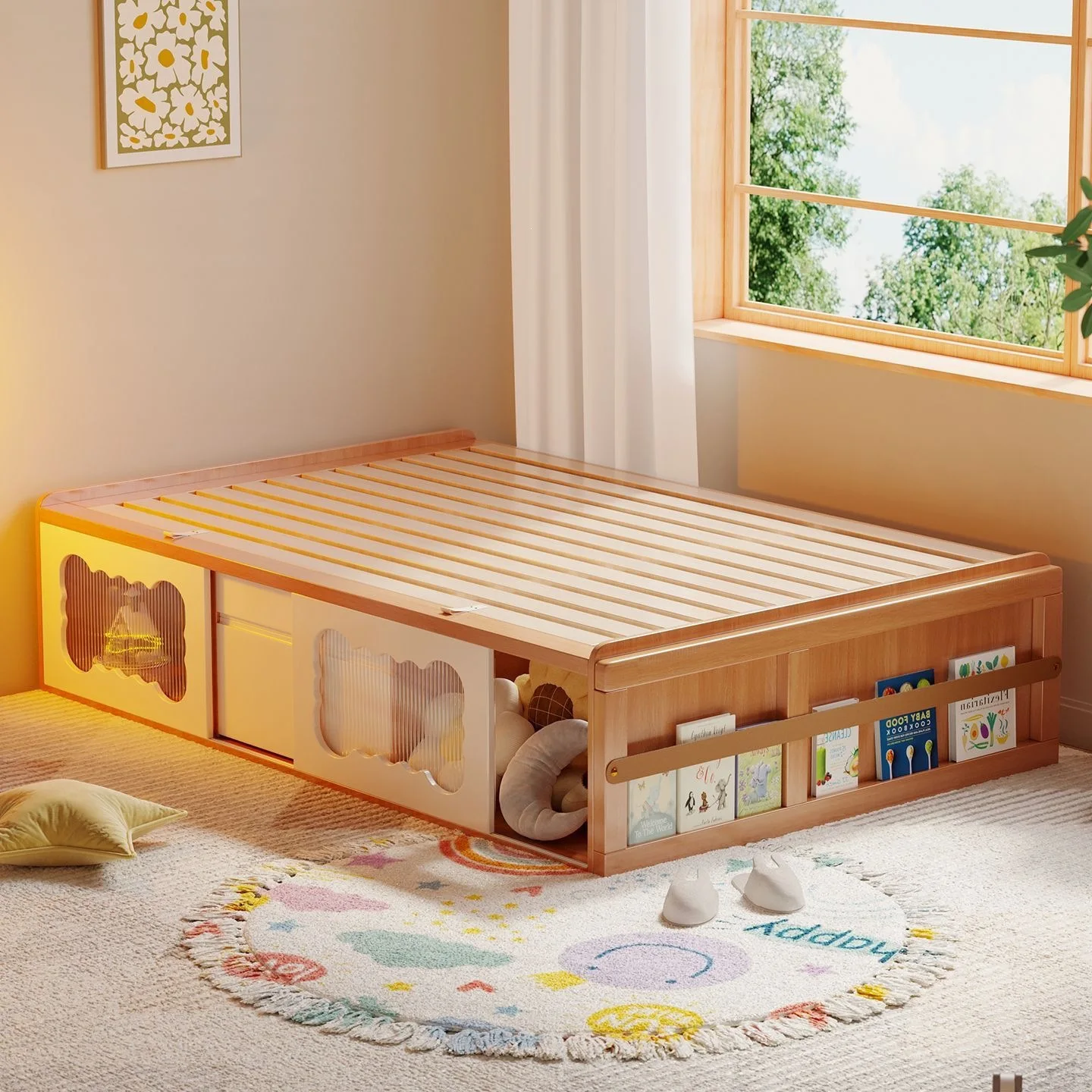 High box storage bed Solid wood row skeleton children's bed Small apartment tatami with fence semi-high bed