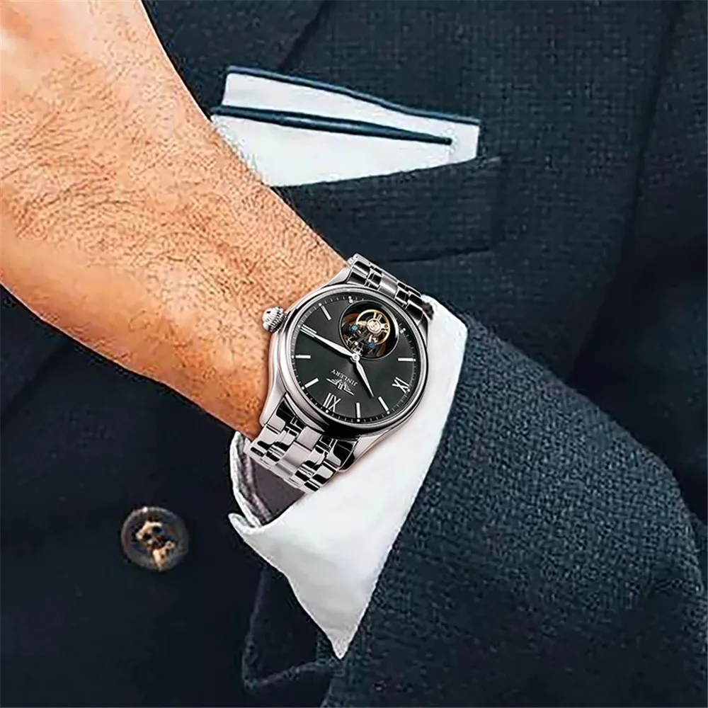 JINLERY Skeleton Tourbillion Men's Wrist Watch Luxury Mechanical Hand Wind Wristwatch Simple Design Sapphire Crystal Clock Man