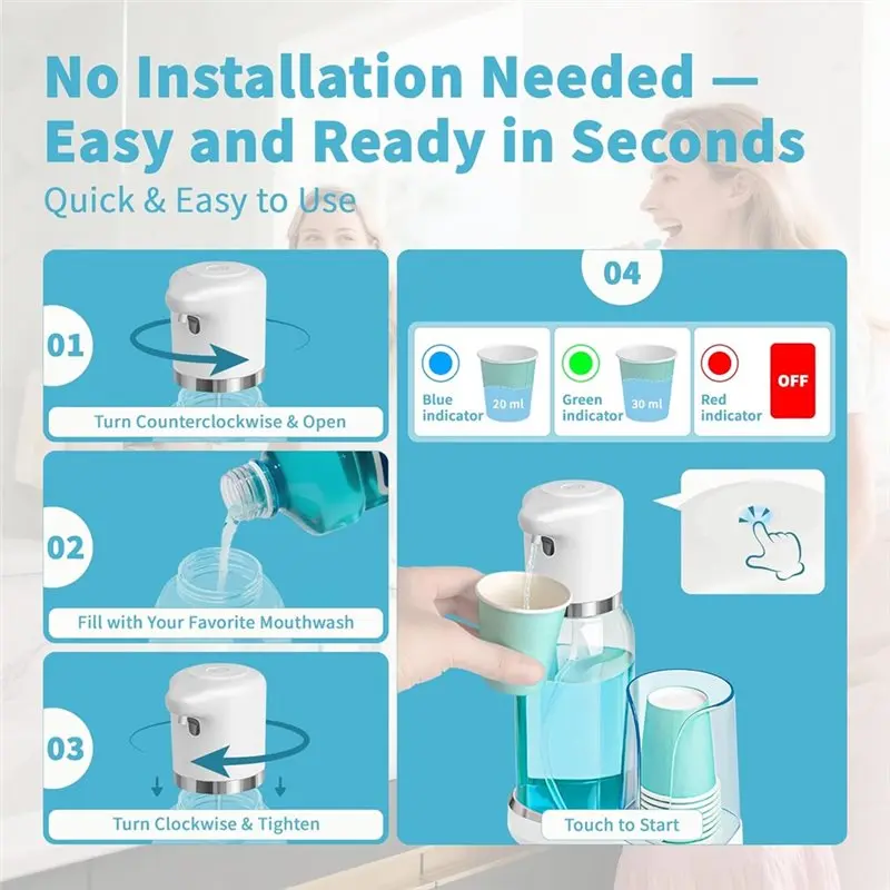 Dispenser Automatico di Collutorio A97G, Elettrico Intelligente, per Set Bagno, Include Contenitore per Collutorio da 25 Oz