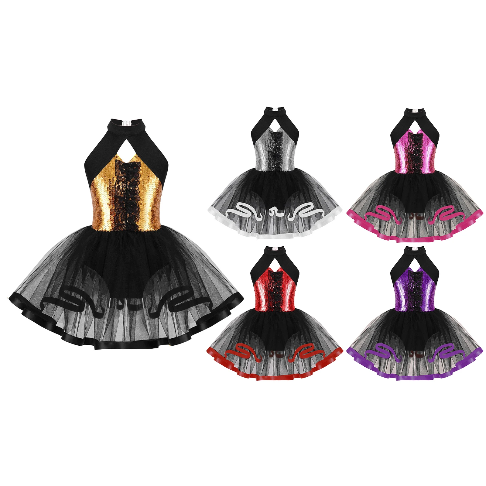 Kids Girls Ballet Tutu Gymnastics Leotard Sleeveless Shiny Sequin Mesh Dance Dress Ballerina Party Stage Performance Dancewear