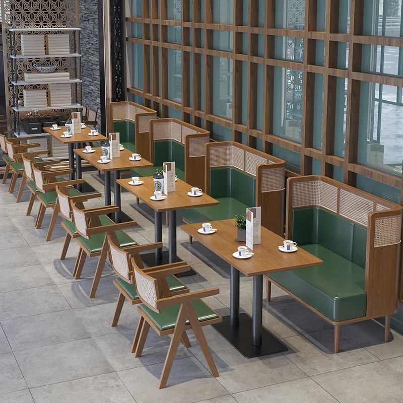 Solid Wood Woven Rattan Chair Tavern Milk Tea Coffee Shop Western Casual Restaurant Table and Chairs Combination Wabi Sabi