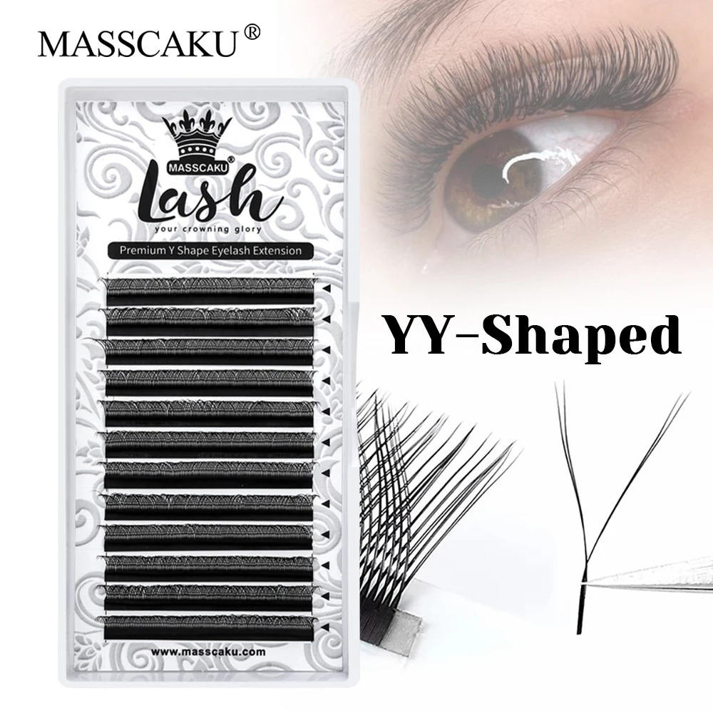 

New Style MASSCAKU 8-15mm Mix Size Multi-texture Triple Tips Y Shaped Eyelashes 0.07mm Thickness Korea PBT Fiber Y Style Lashes