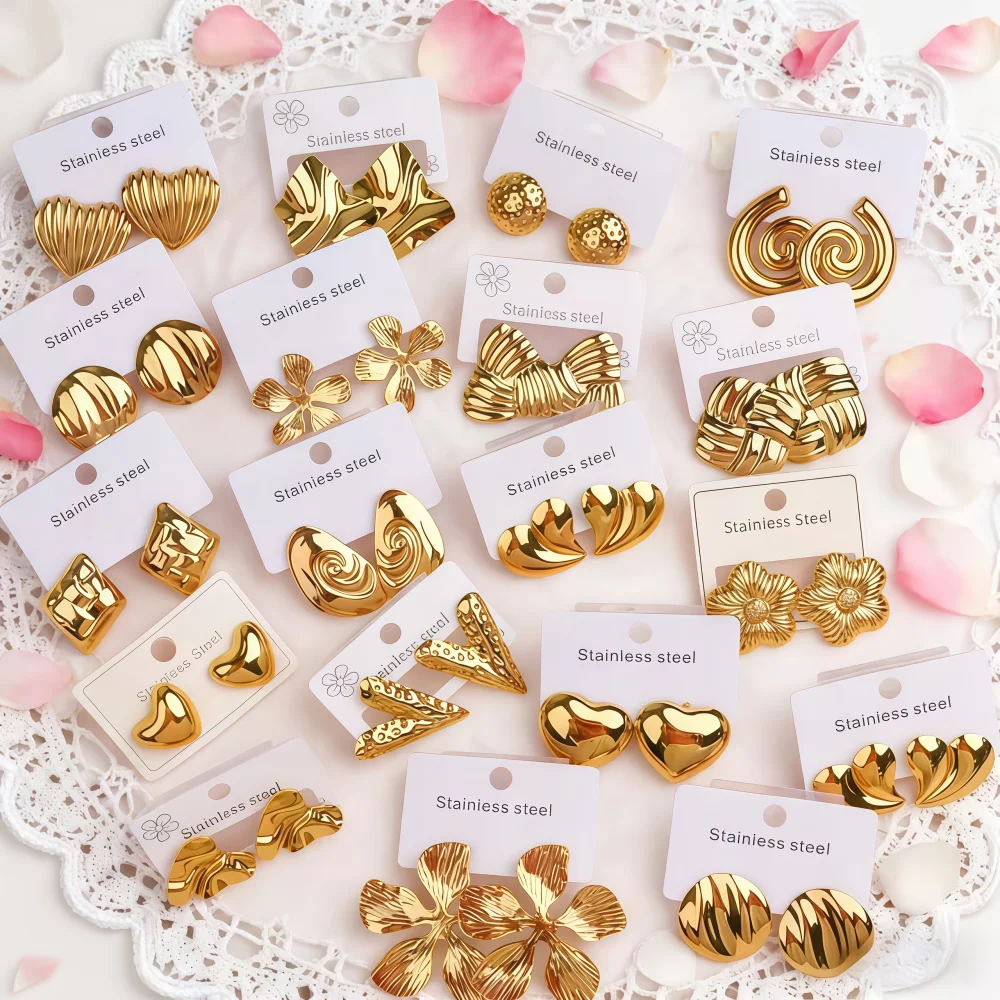 10/20/30/50/100Pairs Fashion Stainless Steel Heart Flowers Geometry Earrings For Women Mix Style Simple Daily Party Gift Jewelry