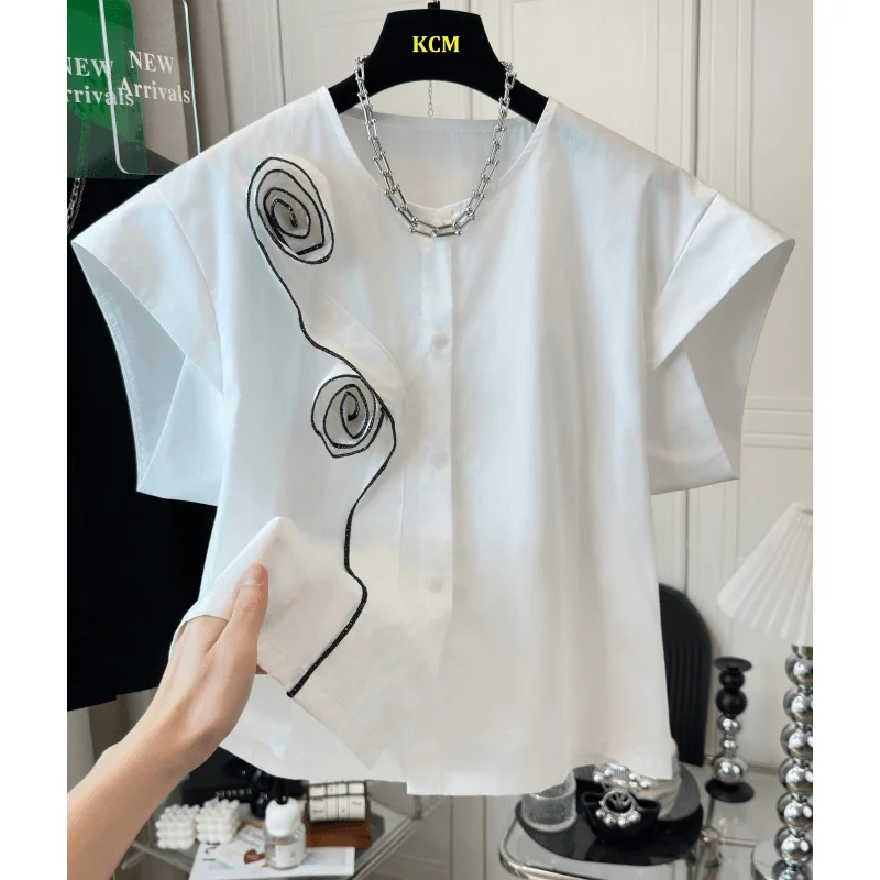 

Women Summer Elegant Temperament Loose Solid Color Flower O-neck Short Sleeve Shirts Ladies Simplicity Casual All-match Tops