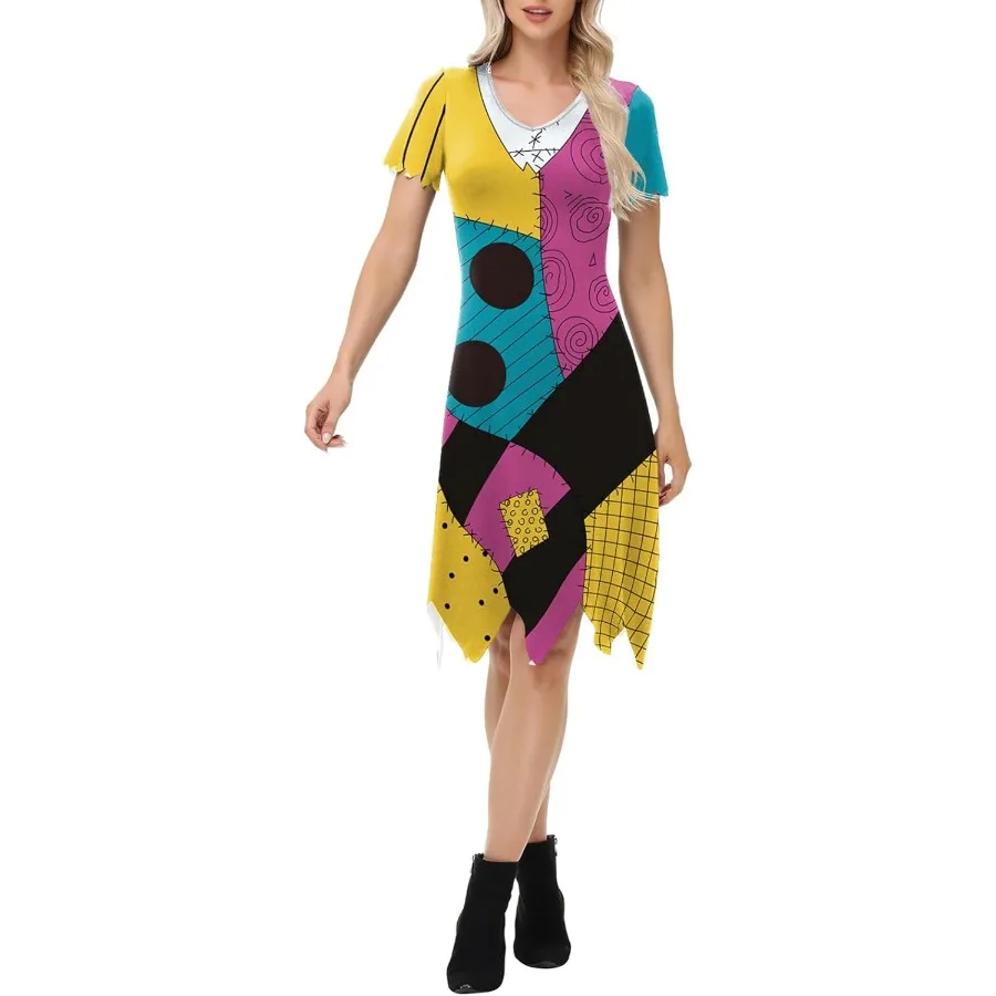 فستان نسائي مرقع بطباعة ثلاثية الأبعاد وأكمام طويلة ورقبة دائرية لحفلات الهالوين التنكرية للبالغين