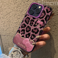 Sanrio Hello Kitty Bowknot Leopard Print Phone Case For iPhone 16 Pro Max 15 14 Plus 11 12 13 X XS XR 7 8 Plus Shockproof Cover