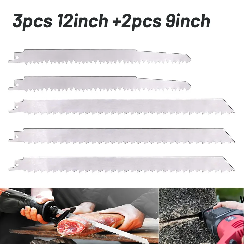 5Pcs Stainless Steel Reciprocating Saw For Blades 12 Inch 3TPI And 9 Inch 5TPI For Meat Bone Food Cutting Compatible With All Br