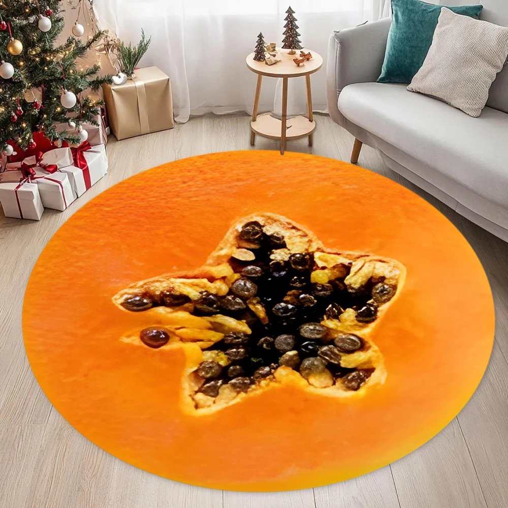 Round Creative Fruit Slice Pattern Rug Cucumber Papaya Print Decorative Non-Slip Carpet for Living Room Kids Room Leisure Area