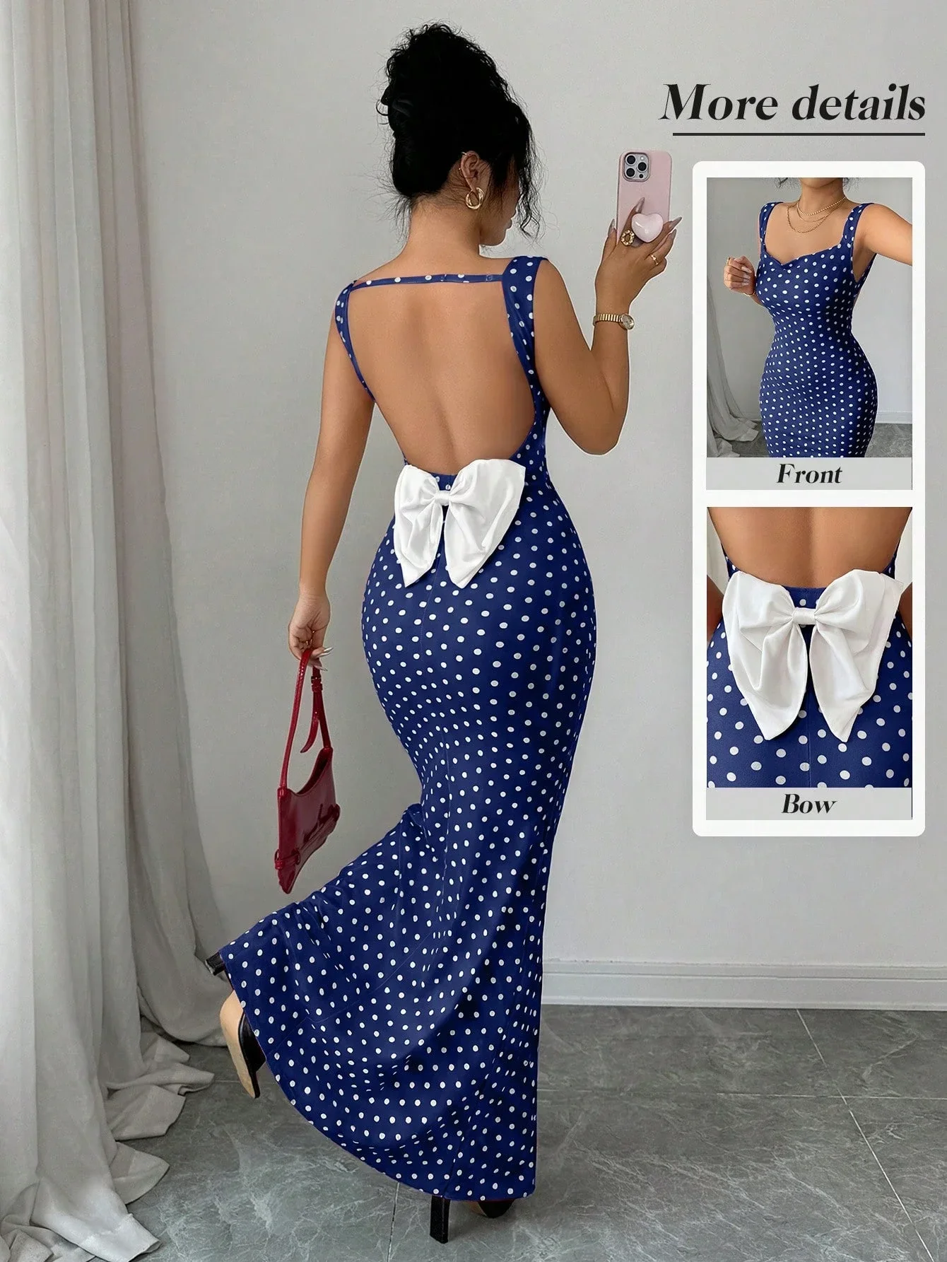 

Платье макси в горошек с открытой спиной, большим белым бантом и подолом-рыбьим хвостом для вечеринок, свиданий и торжественных мероприятий