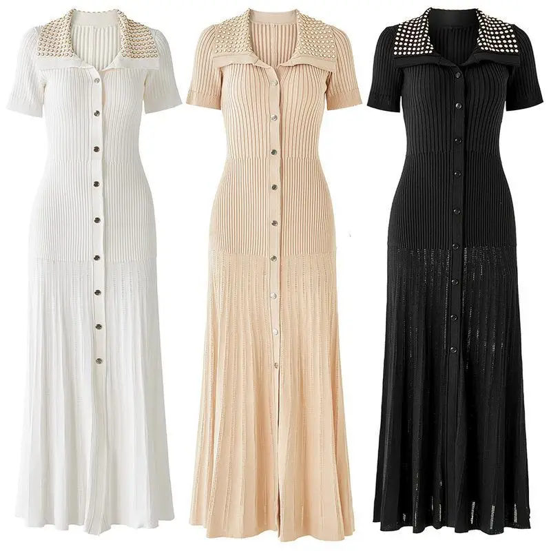 

High Quality Elegant Middle East Style Short Sleeve Knitted Summer New Design Slimming Name Lady Dress with Flip Collar And R...