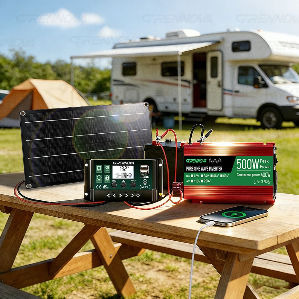 Pure Sine Off-Grid Solar Kit 60W Panel 60A MPPT Controller Inverter (Peak 500W / Continuous 400W) Lights Fans & Small Appliances