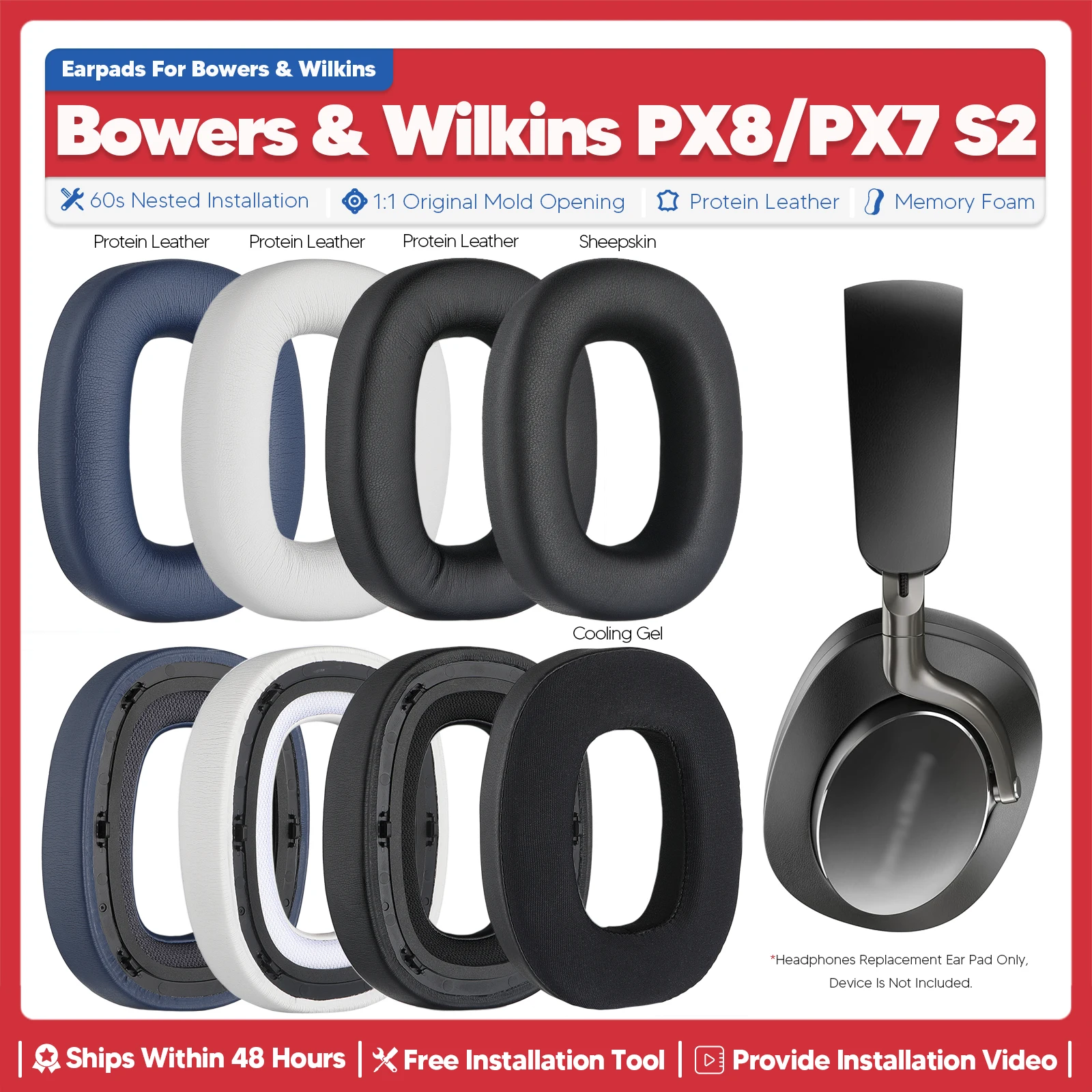 Almohadillas de repuesto para auriculares inalámbricos Bowers & Wilkins PX7 S2 PX8, accesorios para auriculares, piezas de reparación de cojines, esponja de memoria