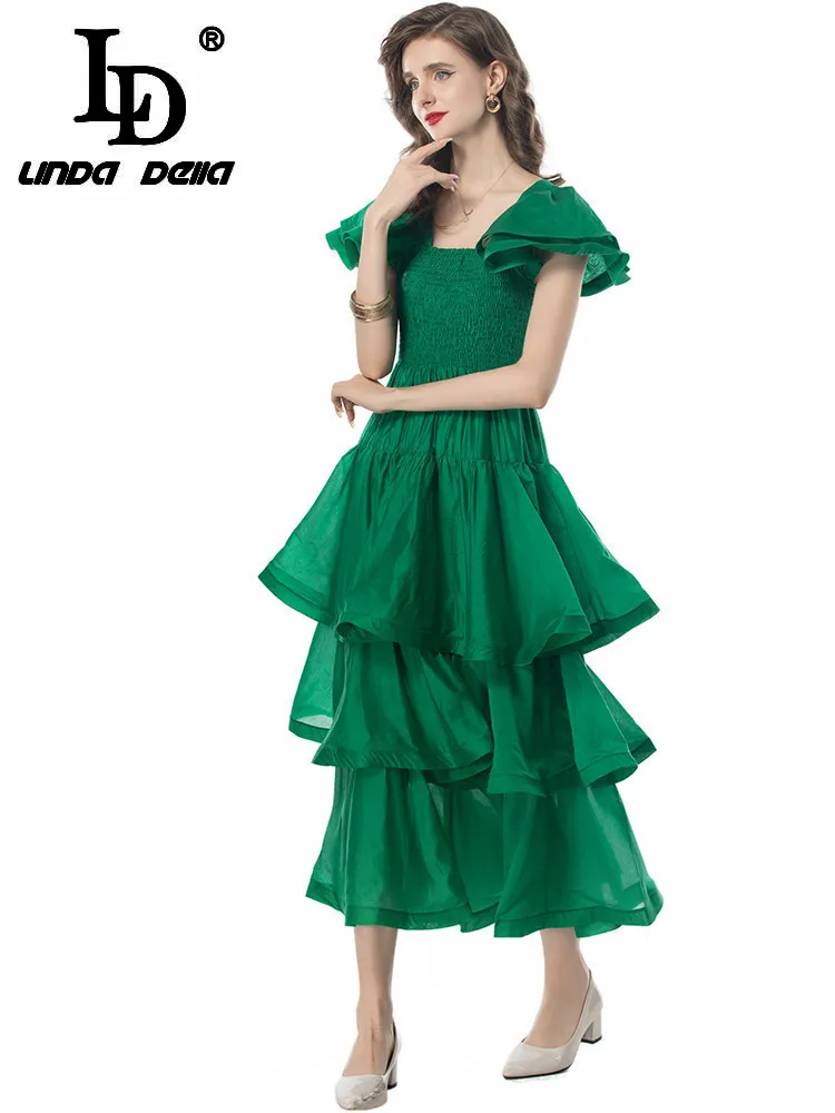 

LD LINDA DELLA 2024 New Style Runway Designer Dress Women's Elegant Vintage Solid Color Elastic Waist Cascading Ruffle Dresses